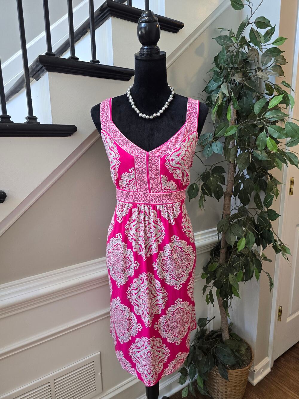 Apt 9 Midi Dress Women's Large Pink/White Geometric Pleated Stretch Empire Waist